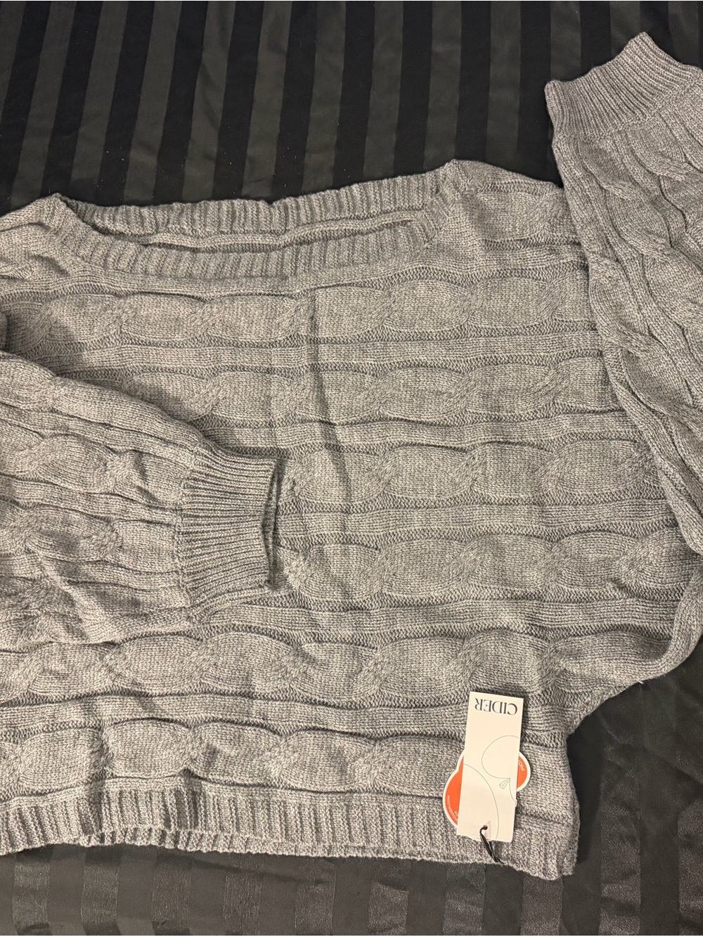 Cider Gray Off-the-Shoulder Cable Knit Sweater